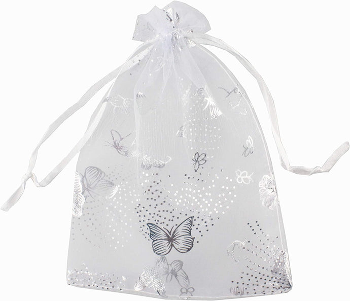 Drawstring Organza bag, Silver Butterfly 5x7