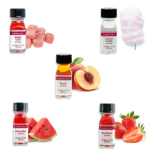 Lorann SS Flavors - 5 Pack Fruity Mix- Bubble Gum Cotton Candy Peach Strawberry Watermelon