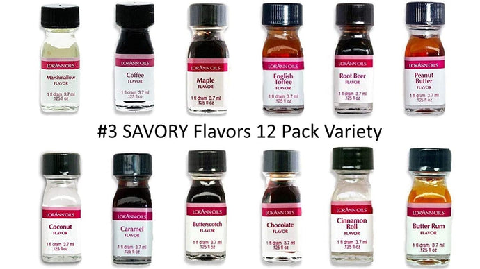 Lorann SS #3 Savory Flavors Dram Bottles 12 Pack Variety