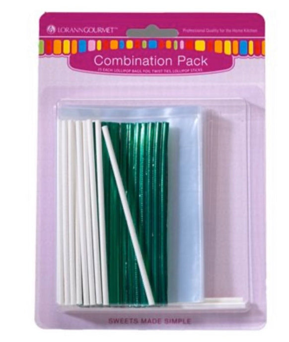LorAnn Combo Pack, 25 each Lollipop Bags, Green Foil Twist Ties, Lollipop Sticks